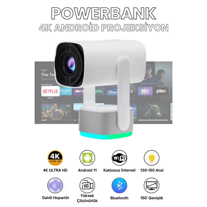 Powerbanklı Taşınabilir Sinema Projektörü – 4K Ev Sineması Bluetooth Android 11 Akıllı Projeksiyon