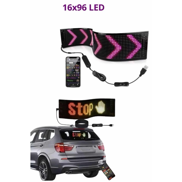 Cama Yapışan En Büyük Boy 16X96 Telefon Kontrollü Led Ekran Digital Araba Yazısı