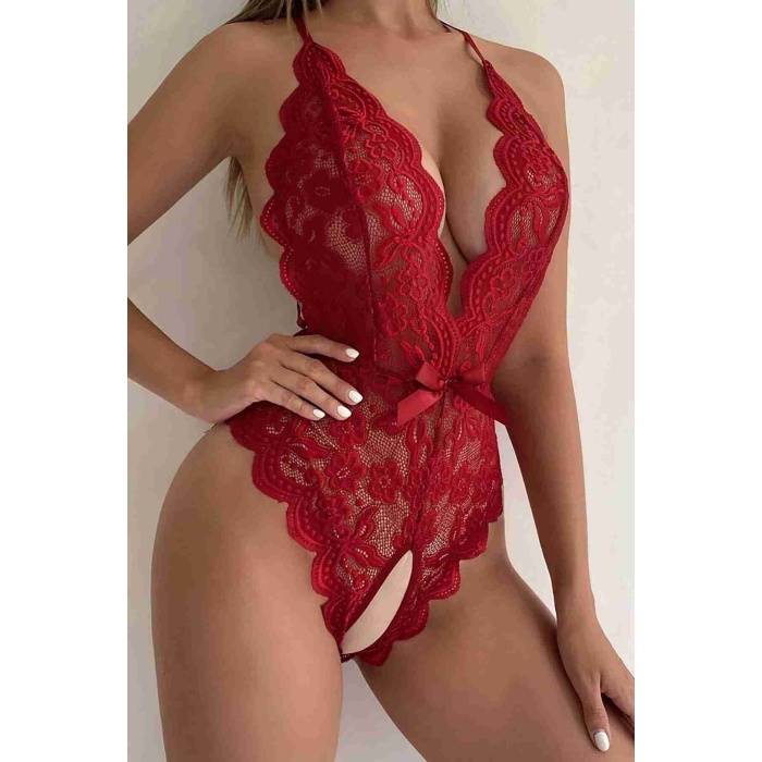 Özel Bölgesi Açık Dantelli Kırmızı Fantazi Babydoll TM1278