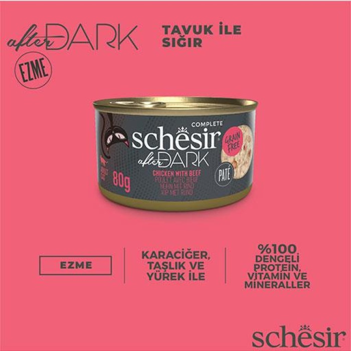 Schesir After Dark Pate Tavuk Etli ve Sığır Etli Tahılsız Yetişkin Kedi Konservesi 80 Gr