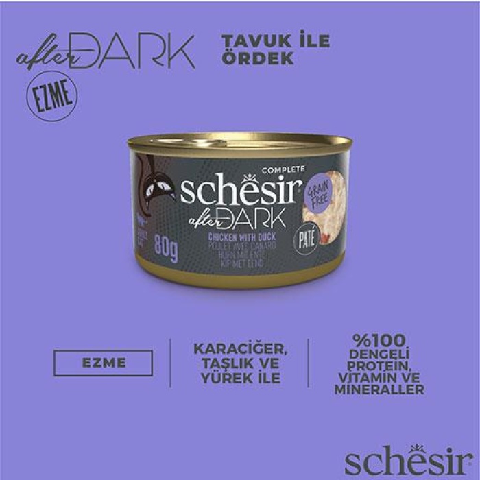 Schesir After Dark Pate Tavuk Etli ve Ördek Etli Tahılsız Yetişkin Kedi Konservesi 80 Gr