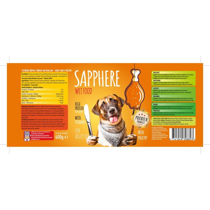 Sapphere Kümes Hayvanlı Yetişkin Köpek Maması Konserve 400 Gr 12 Adet