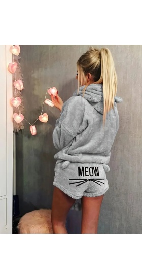 Kadın Uzun Kollu Meow Kedi Nakışlı Kapşonlu Peluş Sweat Ve Short Ikili Takım