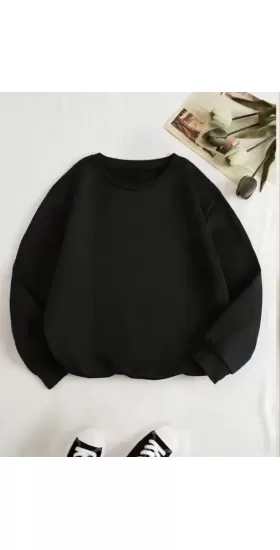 Üç İplik Biskilet Yaka Basic SweatShirt - Siyah