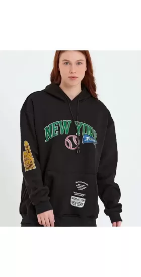 Baskılı Kapüşonlu Sweatshirt - Siyah