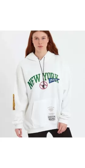 Baskılı Kapüşonlu Sweatshirt - Beyaz