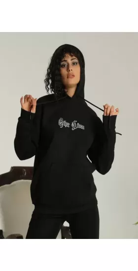 Sırt Baskılı Oversize Üç İplik Kapüşonlu Sweatshirt - Siyah