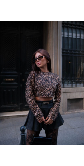 Leopar Desenli Uzun Kollu Crop - Leopar