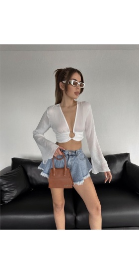 SATEN CROP TOKA DETAYLI BLUZ - Beyaz