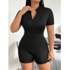 Kadın Kısa Kollu önü Fermuarlı Bodycon Dalgıç Tulum