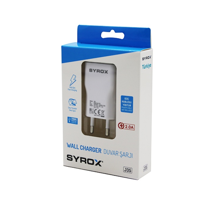 SYROX J35 CHARGE WALL CHARGER USB ( ADAPTÖR BAŞLIK ) EV ŞARJI 2.1A*200