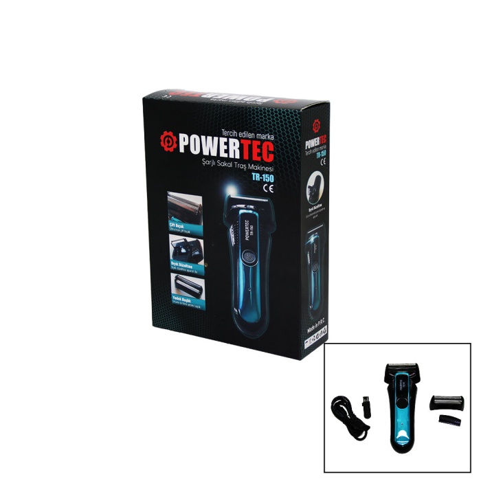 POWERTEC TR-150 ŞARJLI ÇİFT BIÇAK ( GÜNLÜK SIFIR SAKAL ) TRAŞ MAKİNESİ ( BIYIK DÜZELTME & YEDEK BAŞLIK )*20