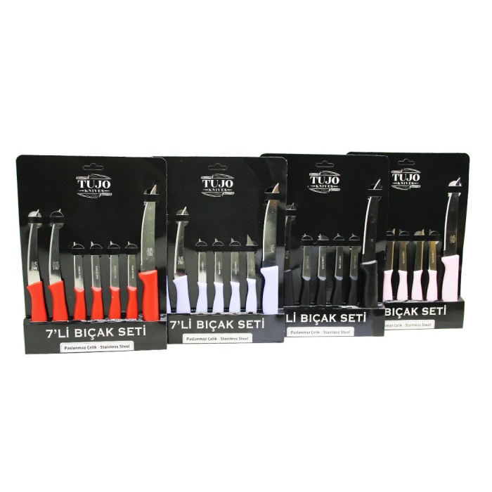 TUJO KNIVES-6104 ( 7PCS=4M+2S+1ET ) BIÇAK SETİ PASLANMAZ ÇELİK & RENKLİ SAPLI*80