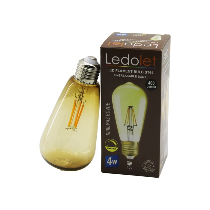 LEDOLET ST-64 ( 4W & E27 ) ( GOLD COLOR ) FLAMENT ( RUSTİK ) AMPUL ( 400LUMEN & 2200K ) (KIRILMAZ GÖVDE)*100