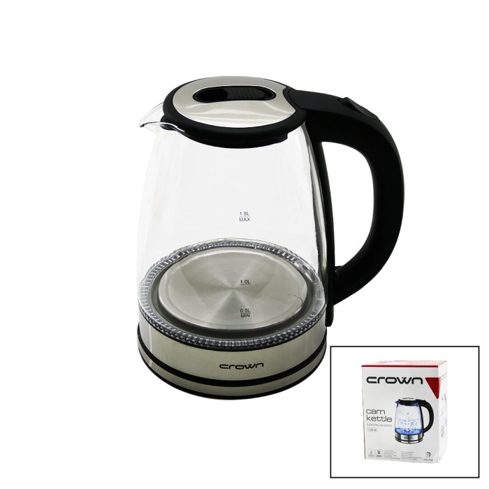 CROWN CRW-7204 ( CAM & LEDLİ ) KETTLE  ( 1.8LT ) ( 1500W ) ( ÇELİK TABAN & KROM KAPAK ) (360° GÖVDE ) ( PLASTİK KULP )*6