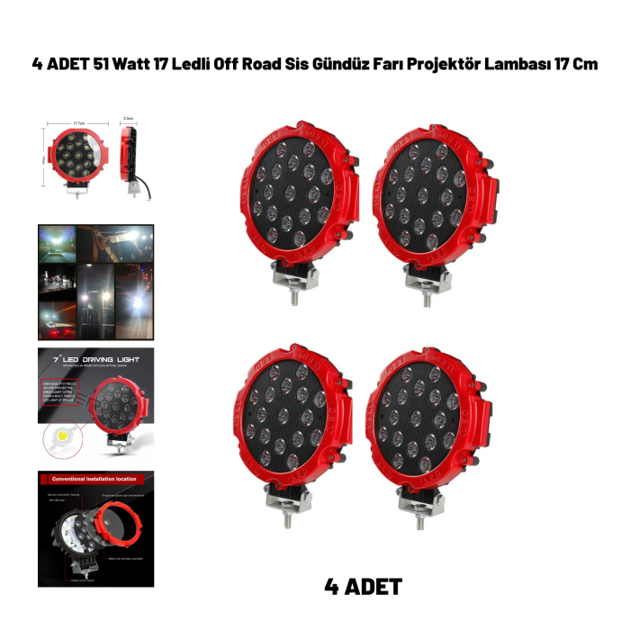 51 Watt 17 Ledli Off Road Sis Gündüz Farı Projektör Lambası 17 cm 4 ADET