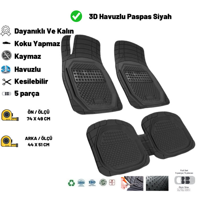 Volkswagen Passat 1997 4/N Kaymaz Taban 3D Havuzlu Paspas Siyah