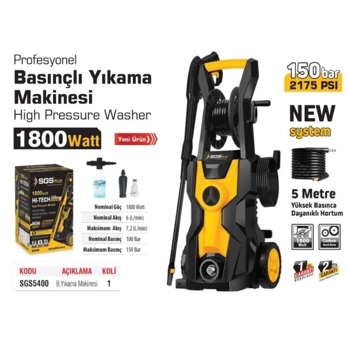 Yüksek Basınçlı OtoYıkama Makinası SGS 5400 1800W Yüksek Basınçlı OtoYıkama Makinası