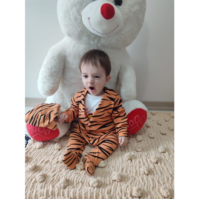 3-6-9-12 Ay Pooh Desenli Zebra Çizgili Şapkalı Sweatli 3lü Kız Erkek Bebek Tulumu (turuncu)