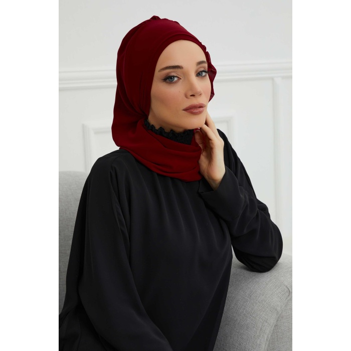 Yandan Fırfırlı Gümüş Aksesuarlı Şifon Hazır Türban,brf-106,brf-106 Bordo