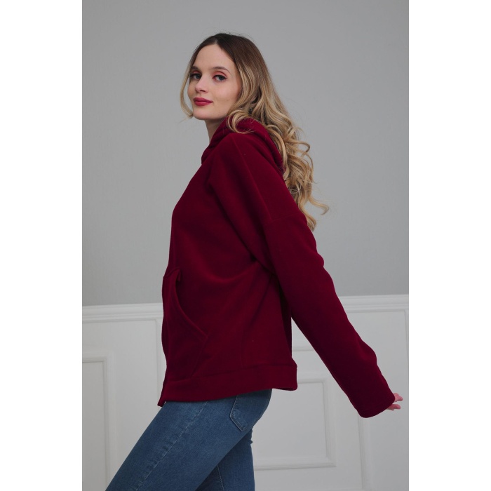 Kapüşonlu Fermuarlı Cepli Polar Sweatshirt,sw-3 Bordo