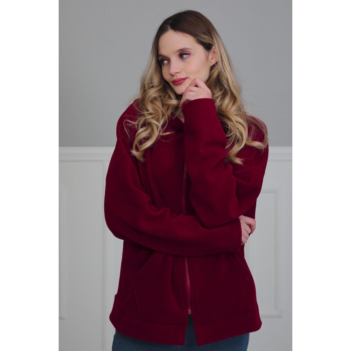 Kapüşonlu Fermuarlı Cepli Polar Sweatshirt,sw-3 Bordo