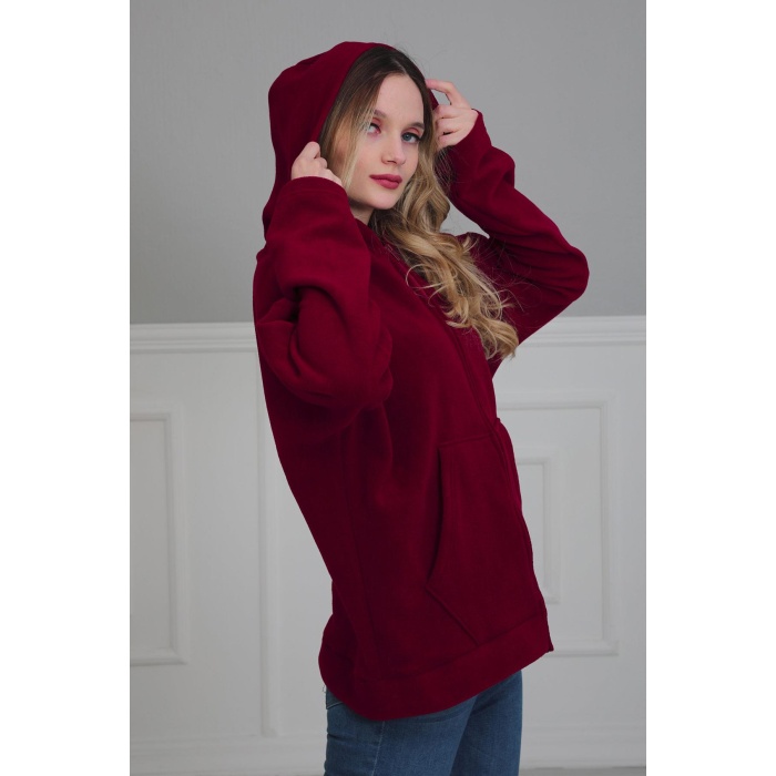 Kapüşonlu Fermuarlı Cepli Polar Sweatshirt,sw-3 Bordo