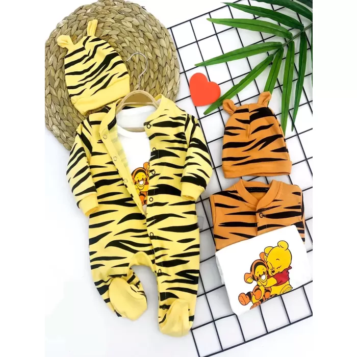 Pooh Desenli Zebra Çizgili Şapkalı Sweatli 3lü Kız Erkek Bebek Tulumu(sarı) Sarı