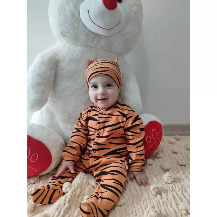 Pooh Desenli Zebra Çizgili Şapkalı Sweatli 3lü Kız Erkek Bebek Tulumu (turuncu) Turuncu