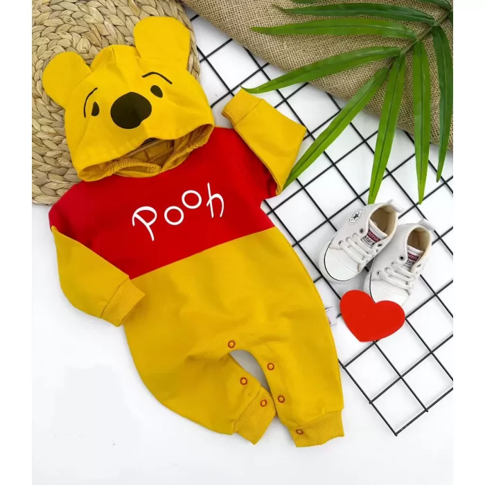 Pooh Baskılı Ve Kapşonlu Kız Erkek Bebek Tulumu Sarı