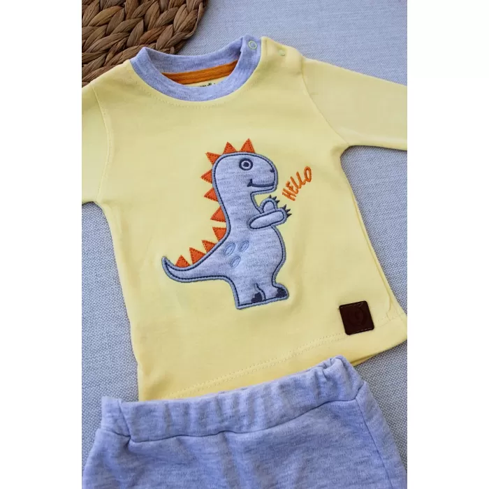 Minik Dino Nakışlı Şapkalı Uzun Kollu Sweat 3lü Kız-erkek Bebek Takımı Sarı