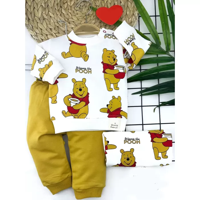 Pooh Baskılı Yaka Çıtçıtlı Uzun Kollu Sweatli 2li Kız Erkek Bebek Takımı