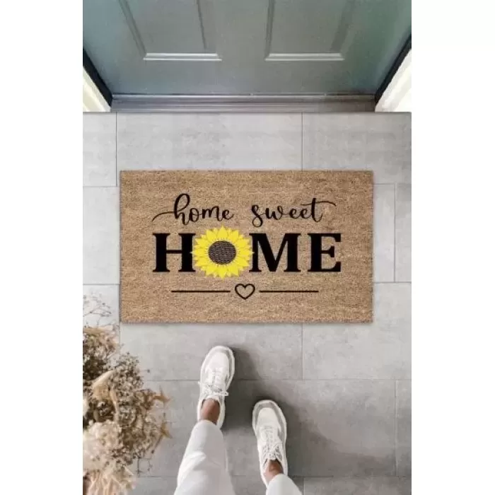 Bej Kapı Önü Paspası Home Sweet Home Papatyalı Desen  K-3342