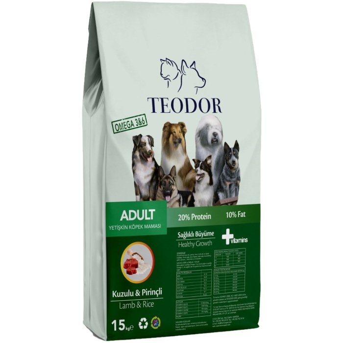 TEODOR YETİŞKİN KUZU ETLİ VE PİRİNÇLİ %20 PROTEİN KÖPEK MAMASI 15KG