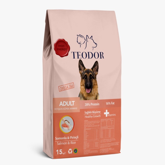 TEODOR ADULT YÜKSEK ENERJİLİ SOMONLU VE PİRİNÇLİ %28 PROTEİN YETİŞKİN KÖPEK MAMASI 15KG