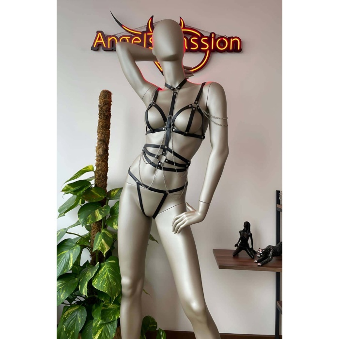 Siyah Deri Korse Harness Takım - Brf299