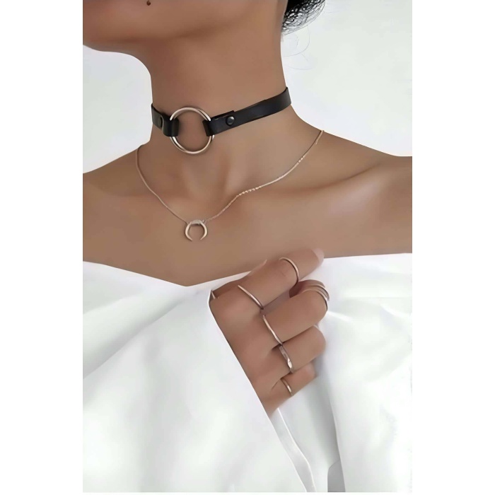 Halka Detaylı Şık Deri Choker - Brf35