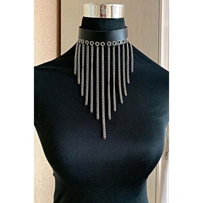 Zincirli Deri Choker, Şık Deri Tasma - Brf629