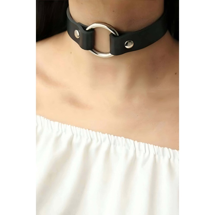 Tek Halka Detaylı Ayarlanabilir Şık Deri Choker - Brf684