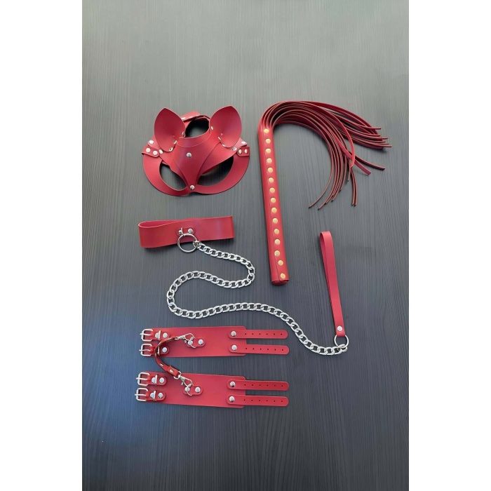 Kırmızı Fantezi Set, Kırbaç - Kelepçe - Tasma - Maske Takım - Brf1246