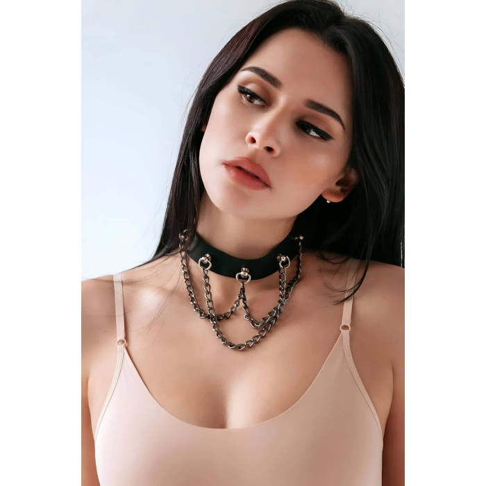 Zincirli Choker, Zincirli Deri Kolye, Tasma Harness - Apft1071