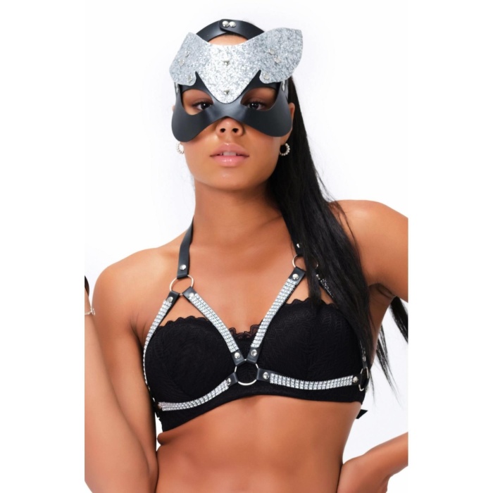 Maske Ve Kırbaçlı Göğsü Taşlı Harness 800357