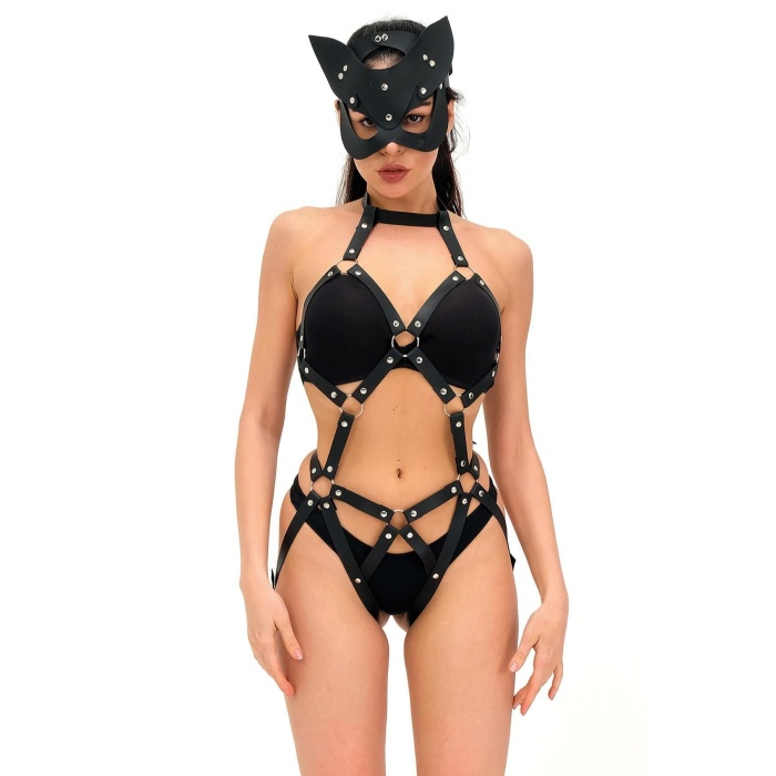 Kedi Maskeli Deri Sexi Babydoll Harnes Takım 800160tak