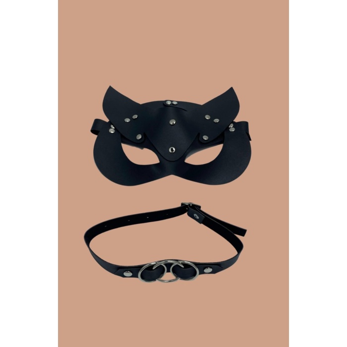 Siyah Harness Sexi Maske Ve Siyah Boyun Deri Aksesuarı 800250