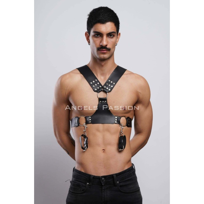 Kelepçeli Erkek Göğüs Harness, Deri Erkek Fantezi Harness, Kelepçeli Erkek Harness - Brfm121