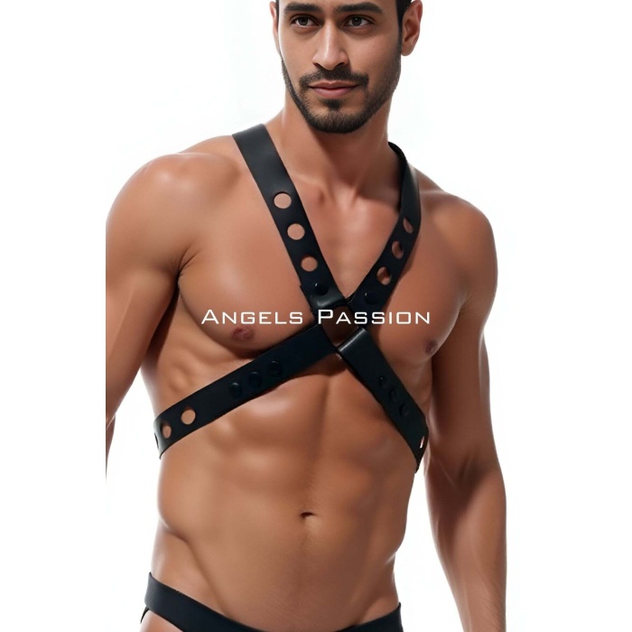 Yuvarlak Detaylı X Harness - Şık Erkek Göğüs Harness, Deri Harness - Brfm219