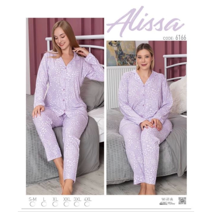 Alissa 6166 Bayan Önü Düğmeli Desenli Pijama Takımı