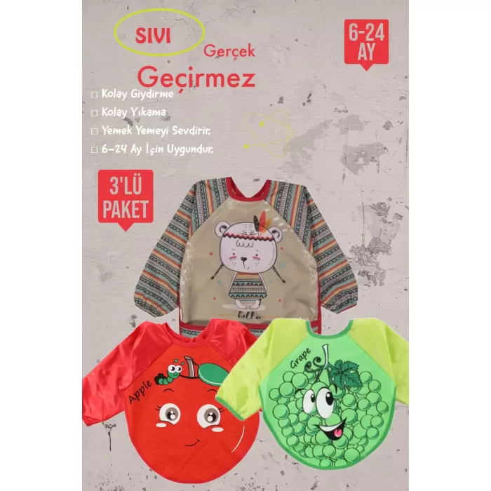 Meyve Figürlü Sıvı Geçirmez 3lü Paket Uzun Kollu Mama Önlüğü