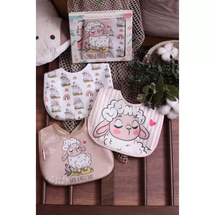 Kuzu Temalı Kare 3 Parça Microfiber Mama Önlüğü Kendi Kutusunda (sıvı Geçirmez) Çıtçıtlı