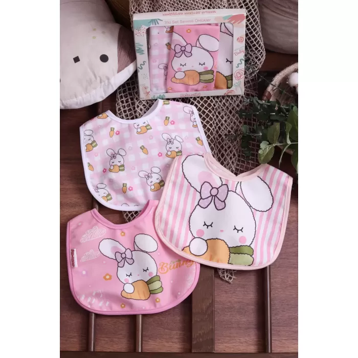 Tavşan Temalı Kare 3 Parça Microfiber Mama Önlüğü Kendi Kutusunda (sıvı Geçirmez) Çıtçıtlı